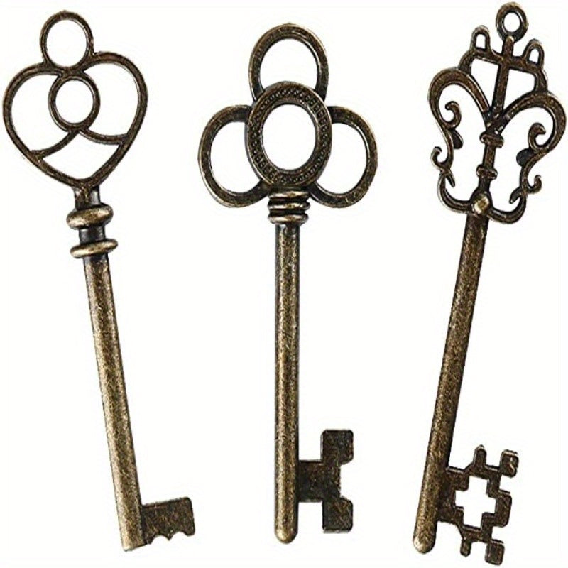 3pcs Large Skeleton Key Retro Style Bronze & Brass Castle Dungeon Pirate Key