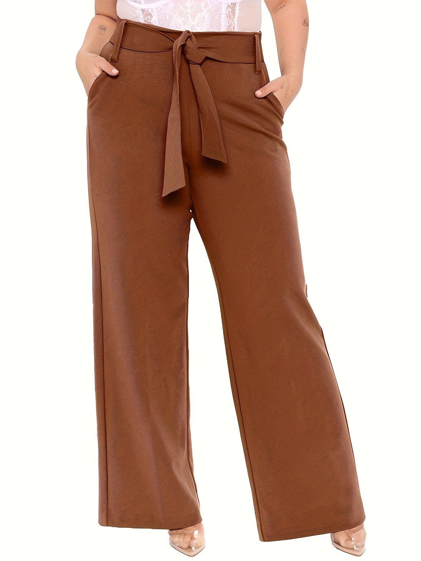 Women's Plus Solid Wide Leg Loose Trousers With Belt