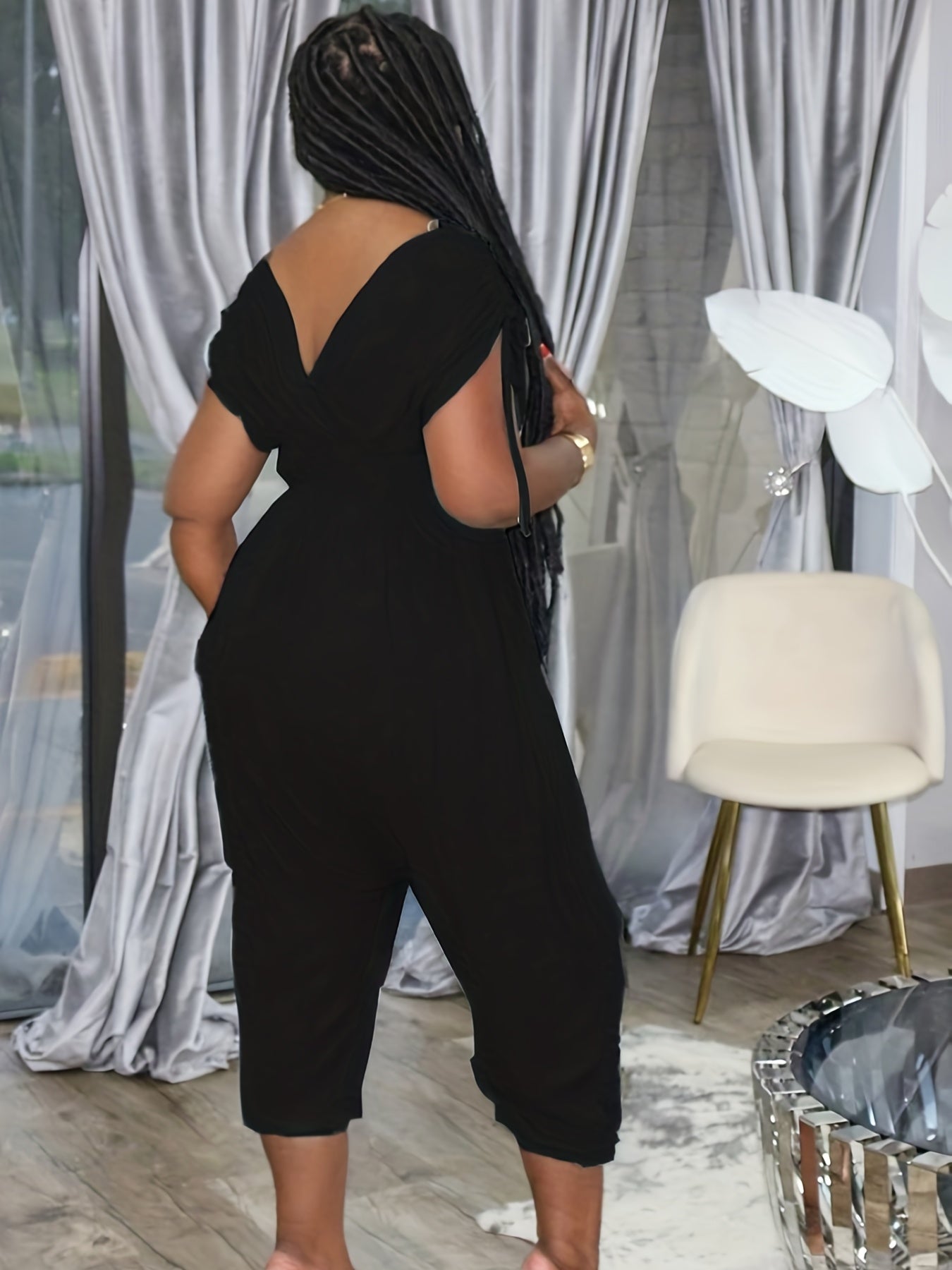 Plunge Neck Ruched Jumpsuit Wide Leg Cropped Jumpsuit