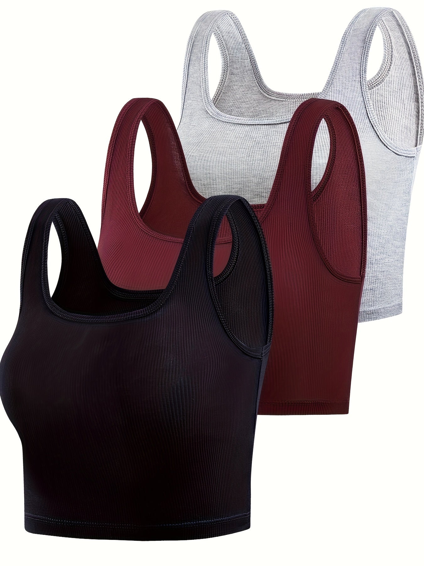 3pcs Solid Ribbed Tank Tops Crew Neck Slim Fit Sleeveless Top Women's Lingerie