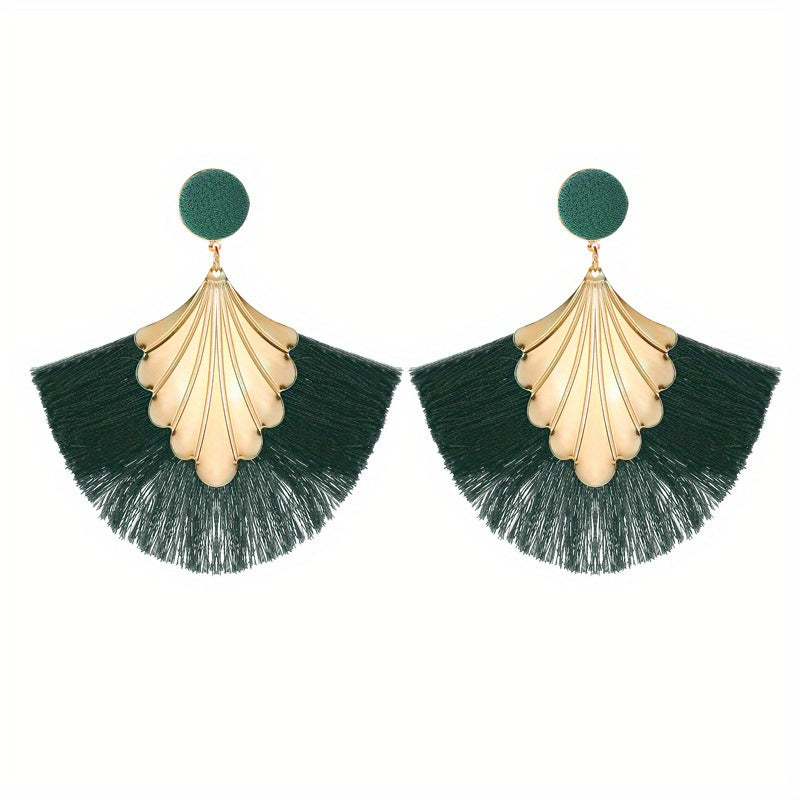 Fan Shape Tassel Retro Boho Dangle Earrings Alloy 18K Plated