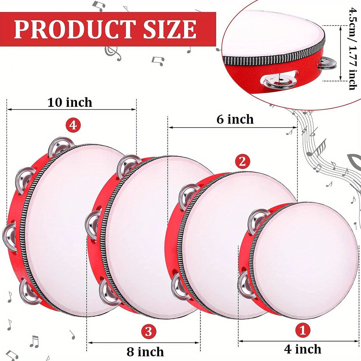 Red Wooden Handheld Tambourine with Single Row Metal Jingles