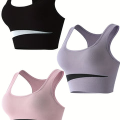 3pcs Colorblock Sports Bras for Women Comfy & Breathable Push Up Shockproof Bra