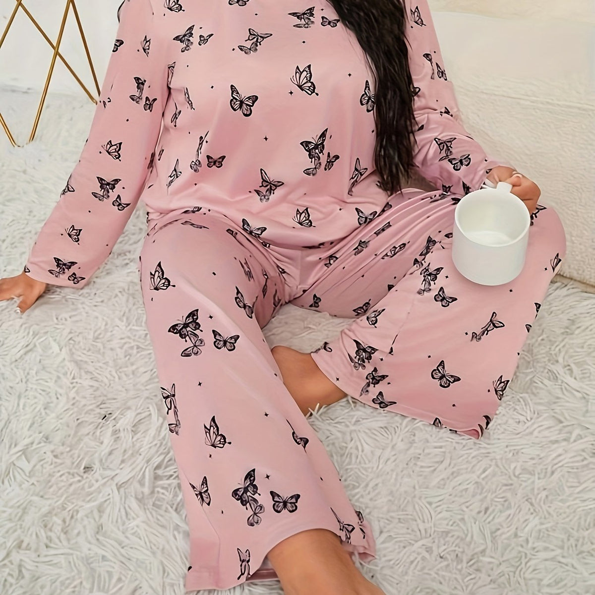  Butterfly Print Pajama Set Long Sleeve Tee & Pants Loungewear