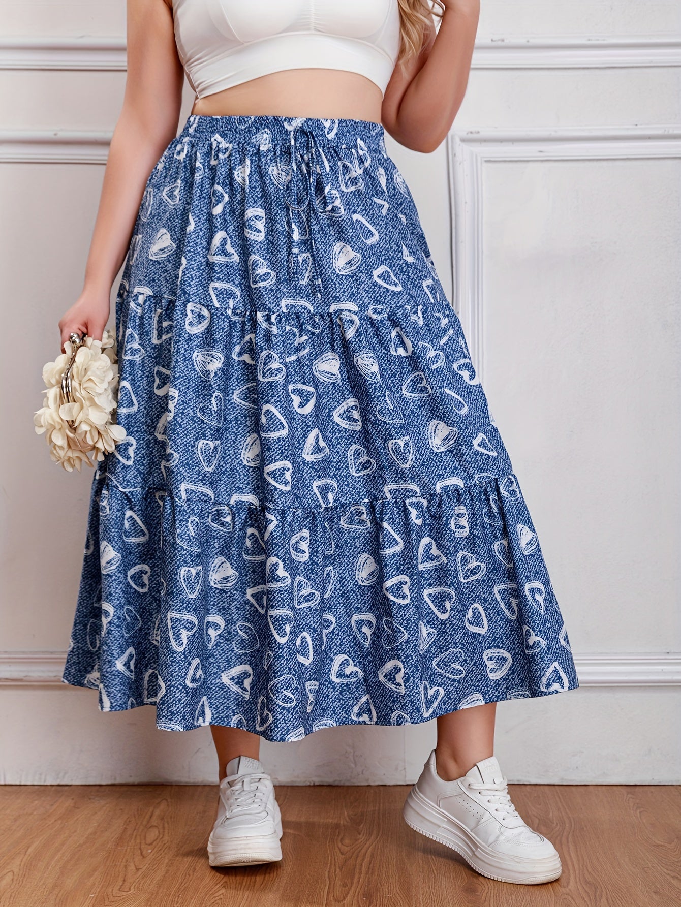  Heart & Denim Print Drawstring Maxi Skirt