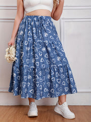  Heart & Denim Print Drawstring Maxi Skirt