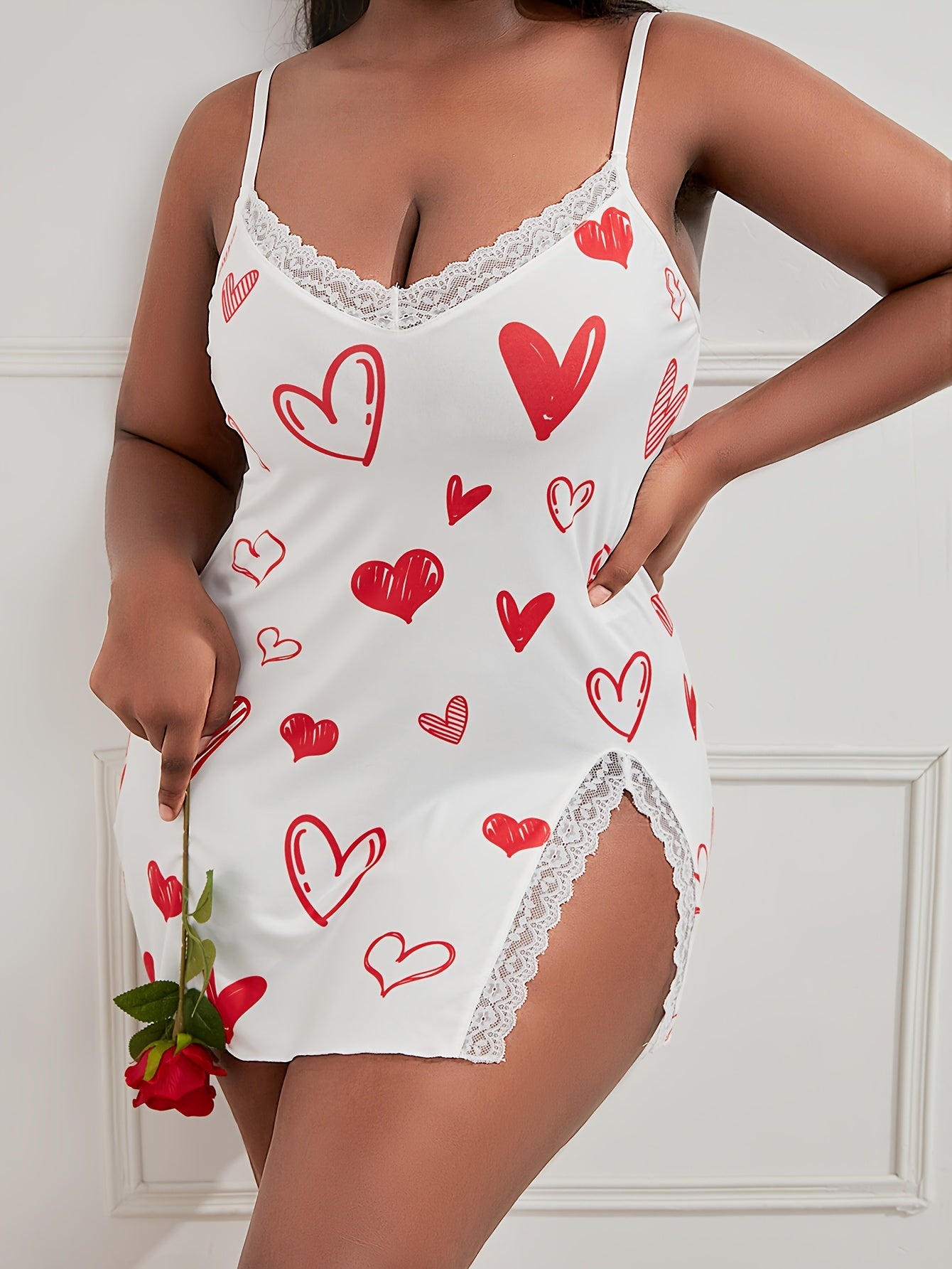  Heart Print Lace Trim Split Cami Sleep Dress