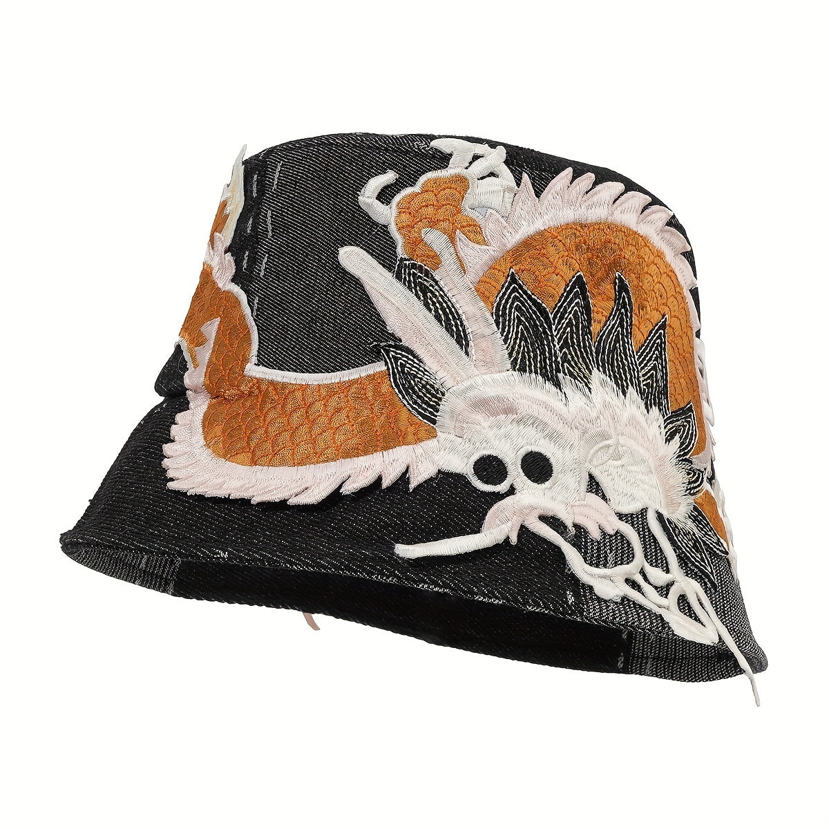 Dragon Embroidery Washed Denim Bucket Hat Sunshade Retro Style Basin Hat