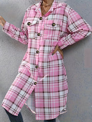  Plaid Print Button Up Long Sleeve Blouse