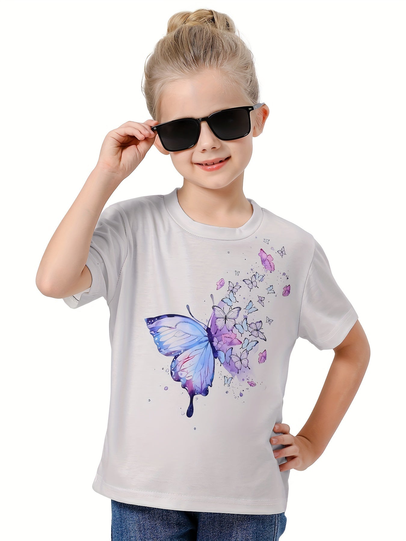3D Butterfly Graphic Crew Neck Short Sleeve T shirt Girls Casual Pullover Tops