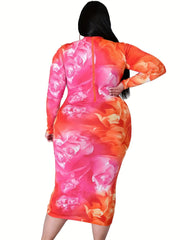  Floral Print Mock Neck Midi Dress