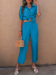 Solid Two Piece Set Ruched Half Sleeve Shirt & Elastic Waist Pants