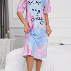 Tie Dye Letter Print Lounge Dress Short Sleeve Long Dress Women's Loungewear
