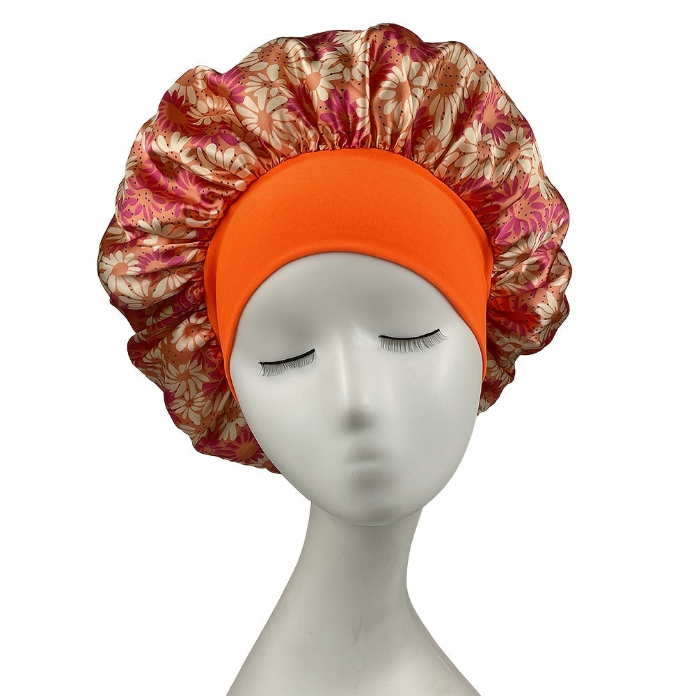 Milk Silk Wide Brim Bonnet Daisy Printed Satin Ladies Hair Cap