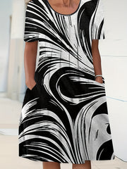  Casual Dress Random Print Short Sleeve Pleated Dress With Pockets