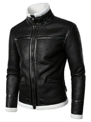 Men's Warm Fleece PU Jacket with Stand Collar for Fall Winter