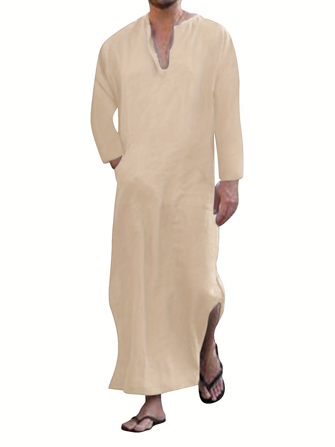 Islamic Arabic Kaftan Men's Long Sleeve V Neck Casual Wear Dubai
