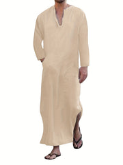 Islamic Arabic Kaftan Men's Long Sleeve V Neck Casual Wear Dubai