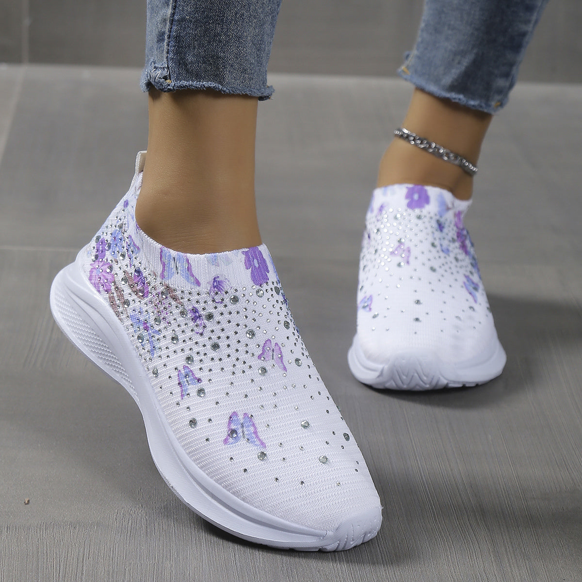 Women's Rhinestone Knit Sneakers Butterfly Pattern Slip On Shoes