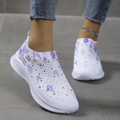 Women's Rhinestone Knit Sneakers Butterfly Pattern Slip On Shoes