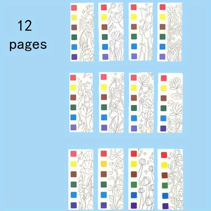 12pcs Watercolor Coloring Book for Kids, Built-in Watercolor Palette