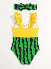 Girls Watermelon Print Tankini Ruffle Swimsuit for Summer Beach