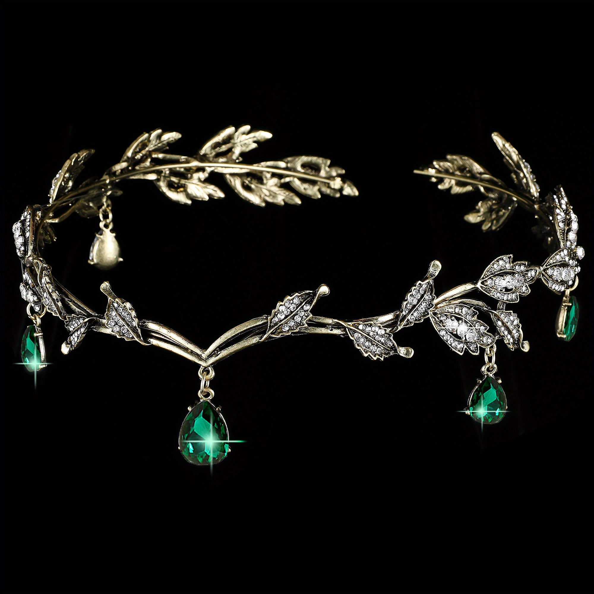 Emerald Green Fairy Crown Tiara Crystal Leaf Elf Bandana Cosplay