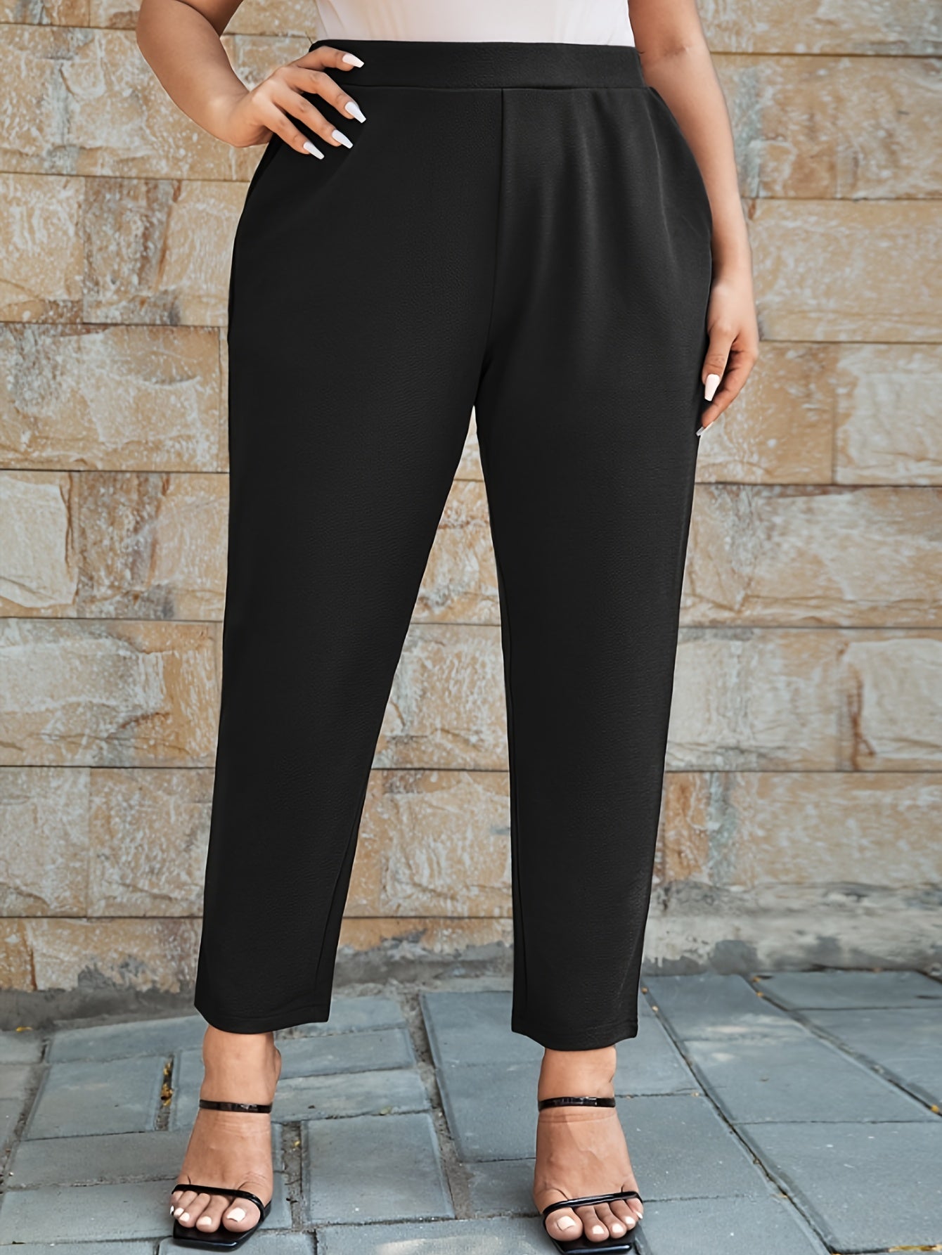 Women's Plus High Rise Trousers Elastic Waist Solid Color