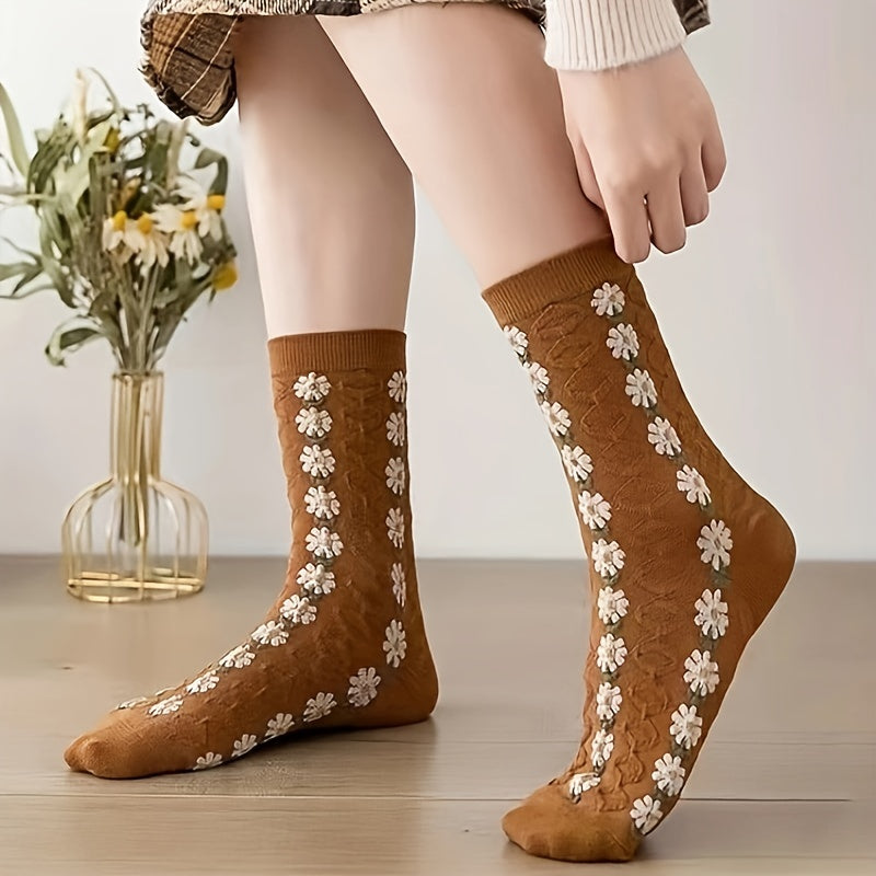 5 Pairs Floral Print Mid Tube Socks Women's Stockings