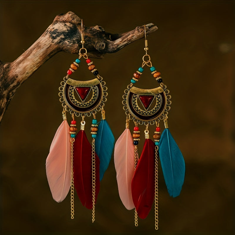 Boho Feather Rice Beads Earrings for Women