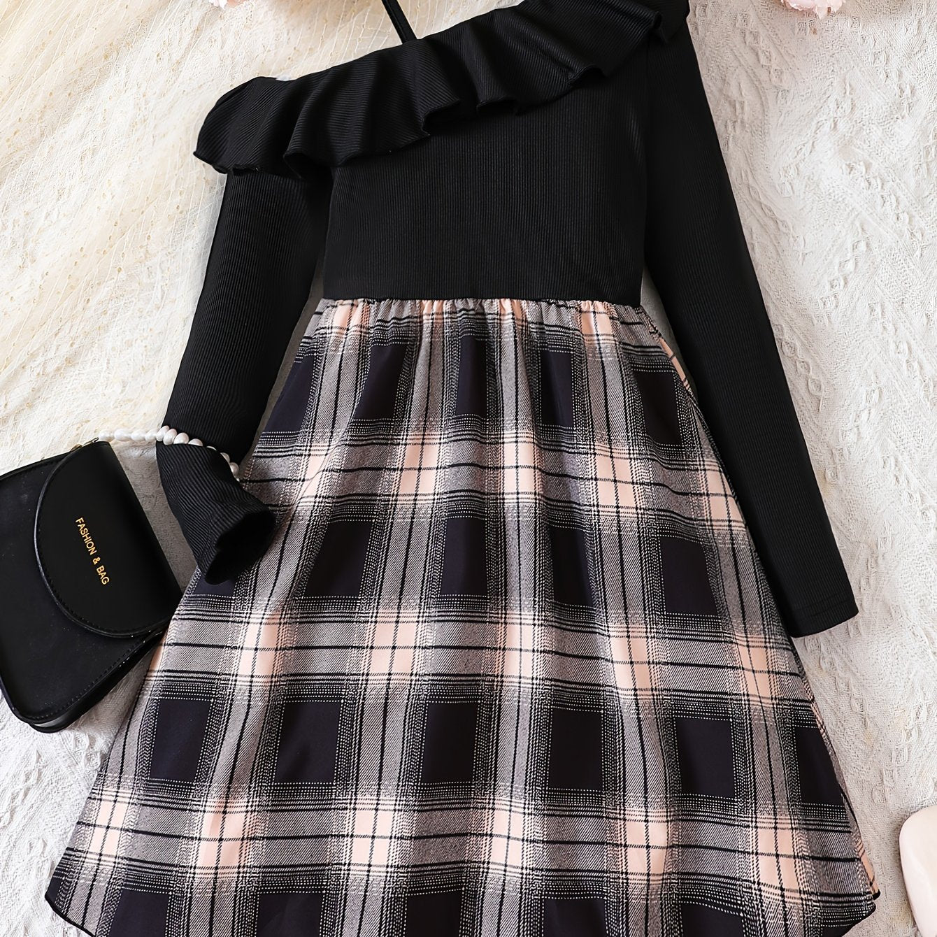 One Shoulder Long Sleeve Plaid Dress For Girls Kids