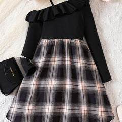One Shoulder Long Sleeve Plaid Dress For Girls Kids
