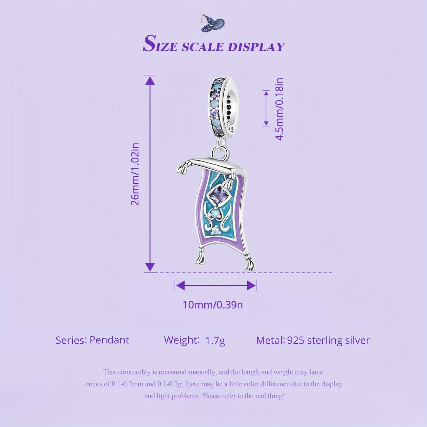 925 Sterling Silver Purple Magic Carpet Charm Pendant for Bracelet