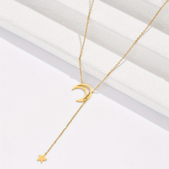 Stainless Steel Moon Star Pendant Necklace 14K Plated Neck Jewelry Gift