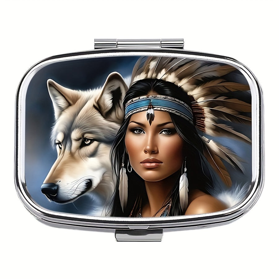 Medicine Organizer Wolf Girl 2 Compartments Metal Storage Box