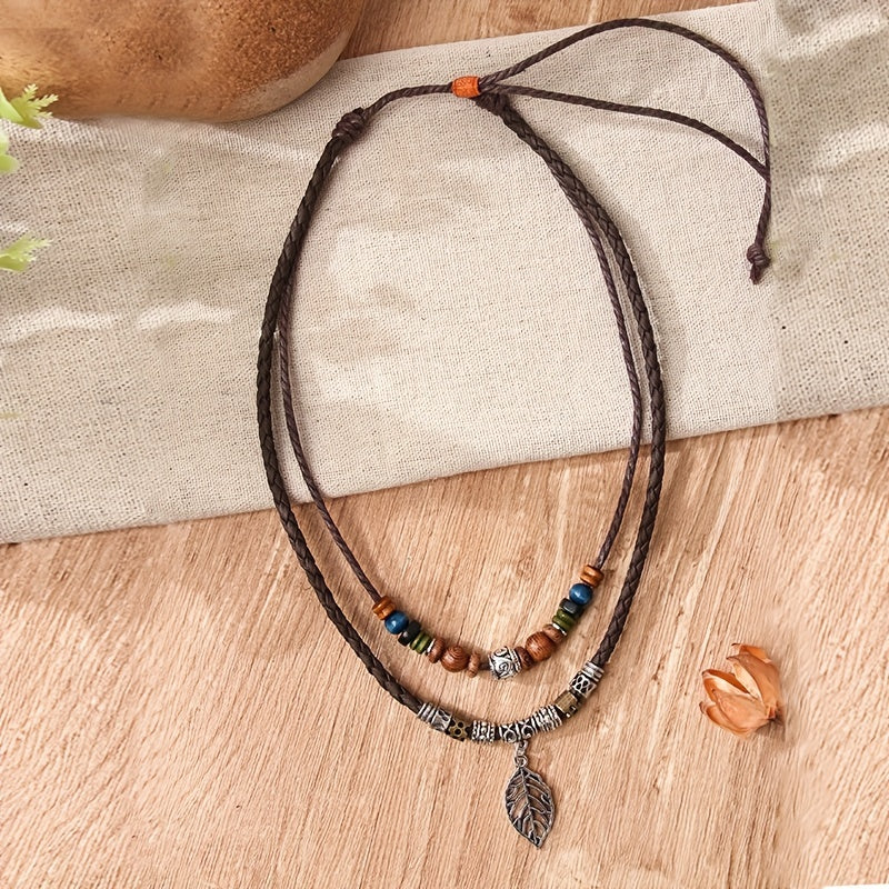 Women's PU Leaf Wooden Bead Necklace Party Jewelry Gift