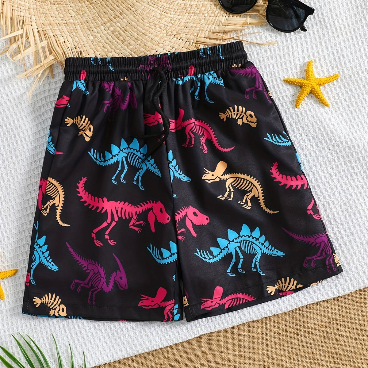 Boy's Dino Skeleton Beach Shorts Swim Trunks Halloween Style Kids' Beachwear