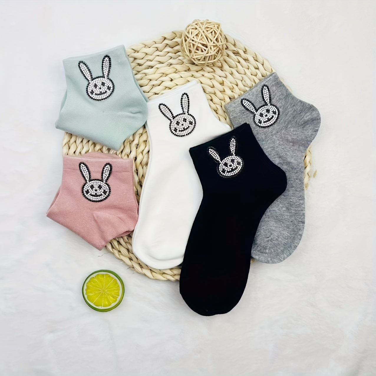 5 Pairs Bunny Rhinestone Socks Cute & Comfortable Crew Short Socks