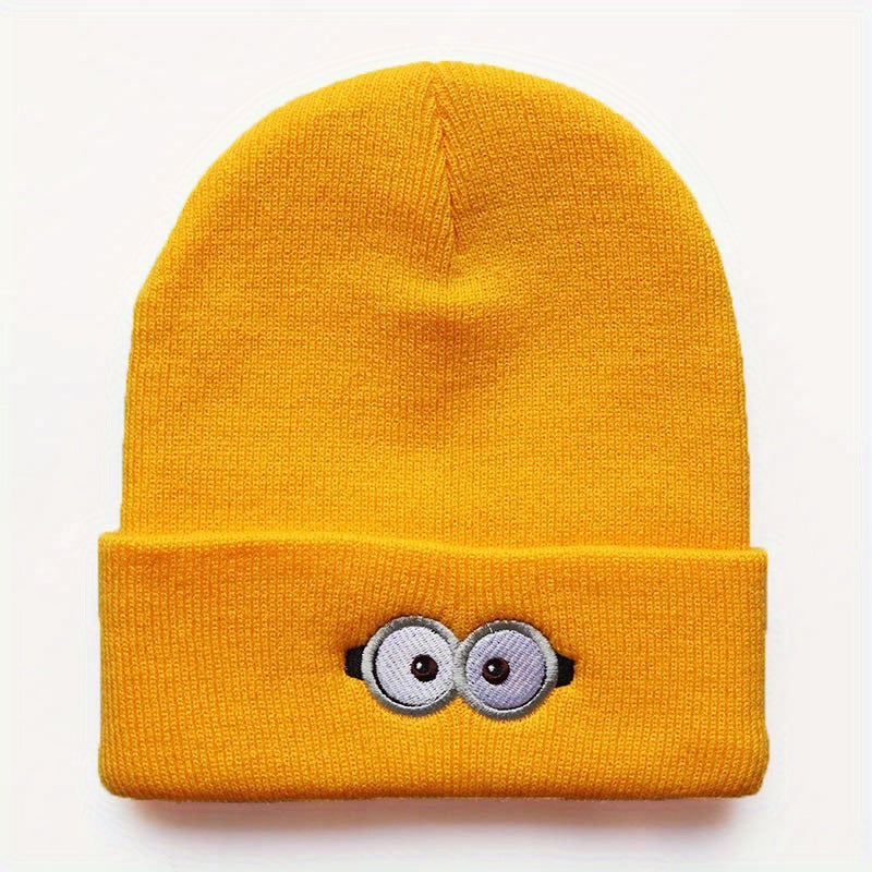 Cartoon Eye Embroidery Beanie Solid Anime Knitted Hat Unisex Lightweight Warm