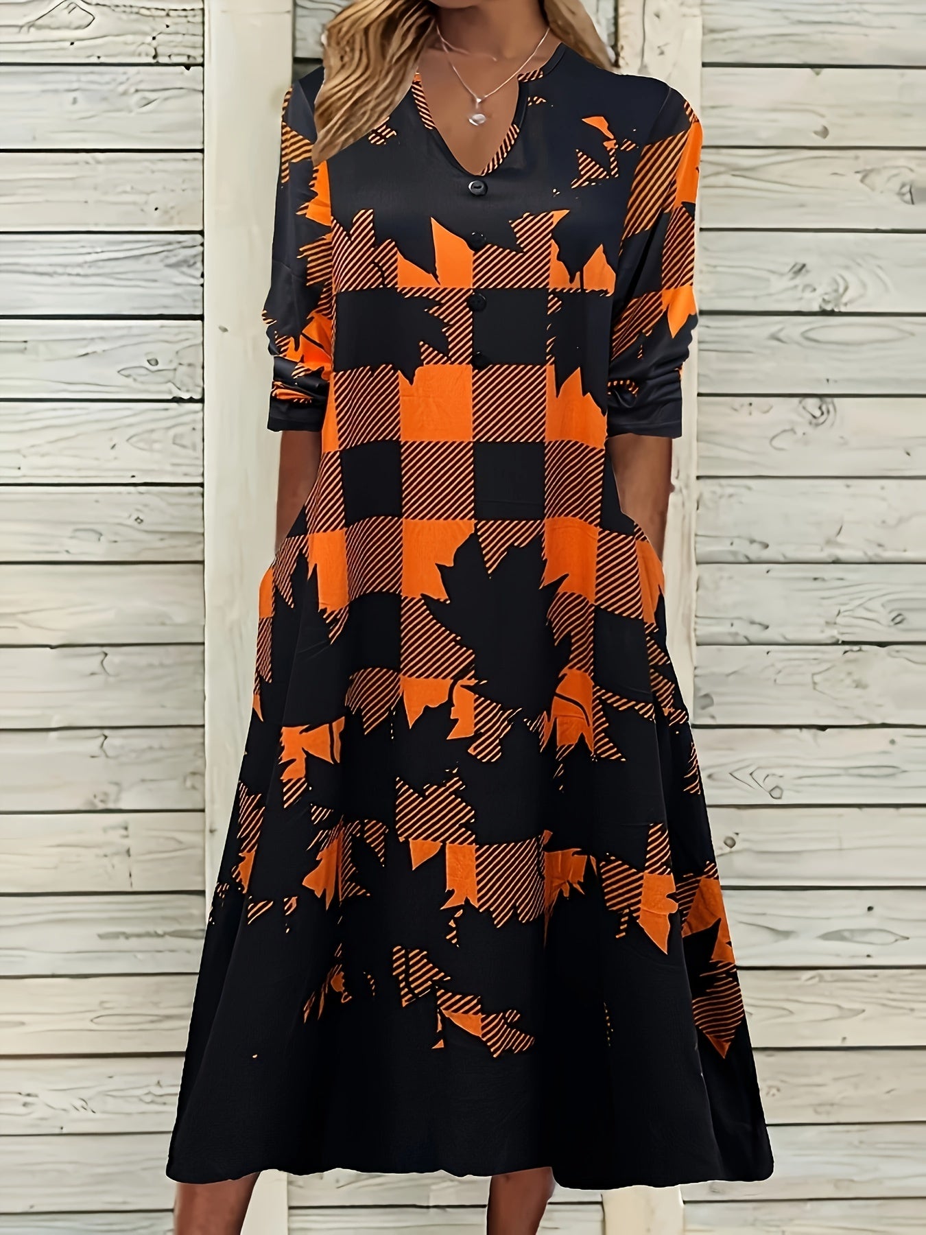 Women's Plus Plaid & Leaf Print Maxi Dress
