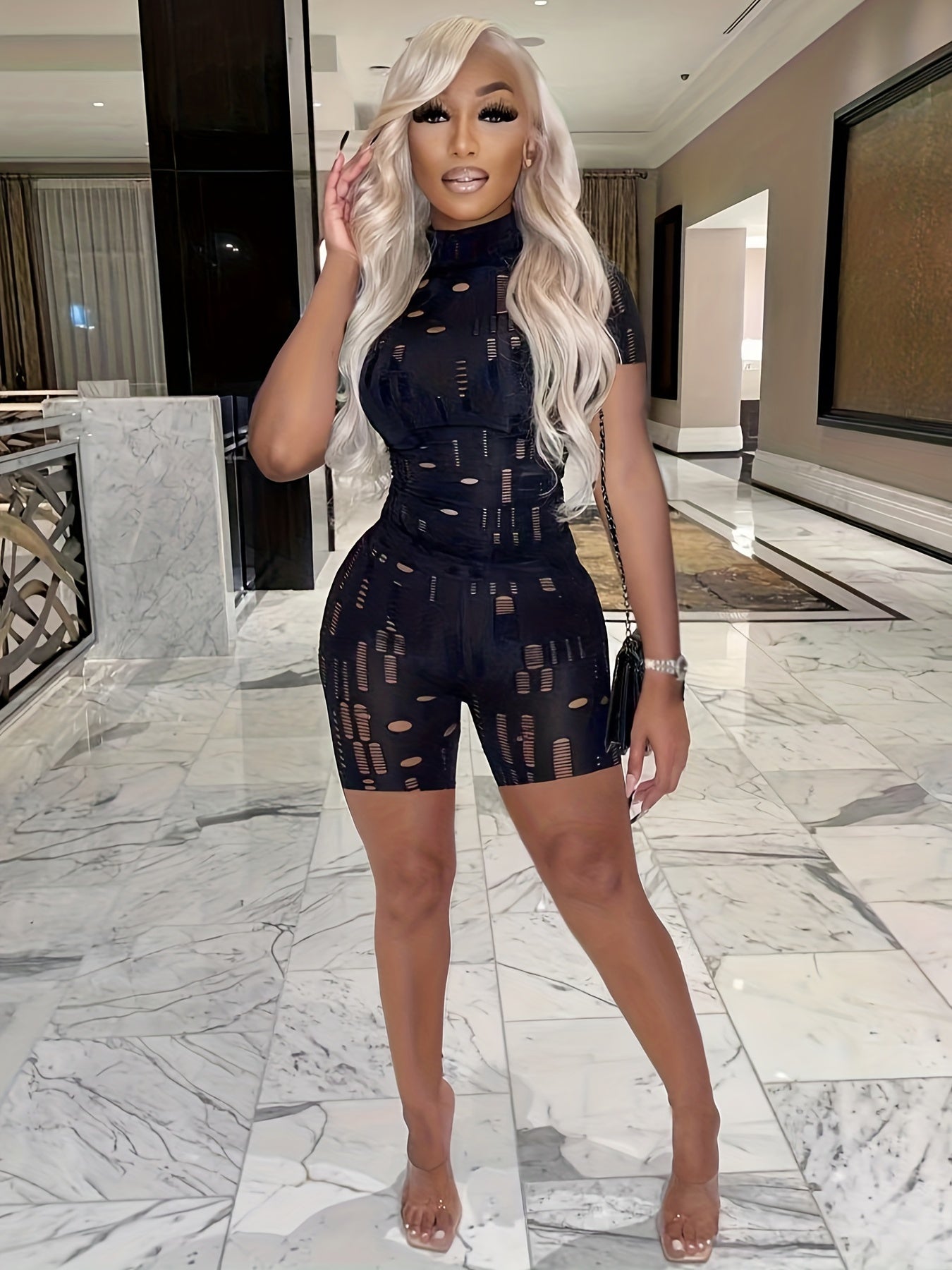 Sexy 2pc Set Mock Neck Tee & Slim Shorts Outfit