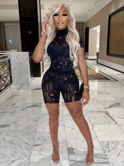 Sexy 2pc Set Mock Neck Tee & Slim Shorts Outfit