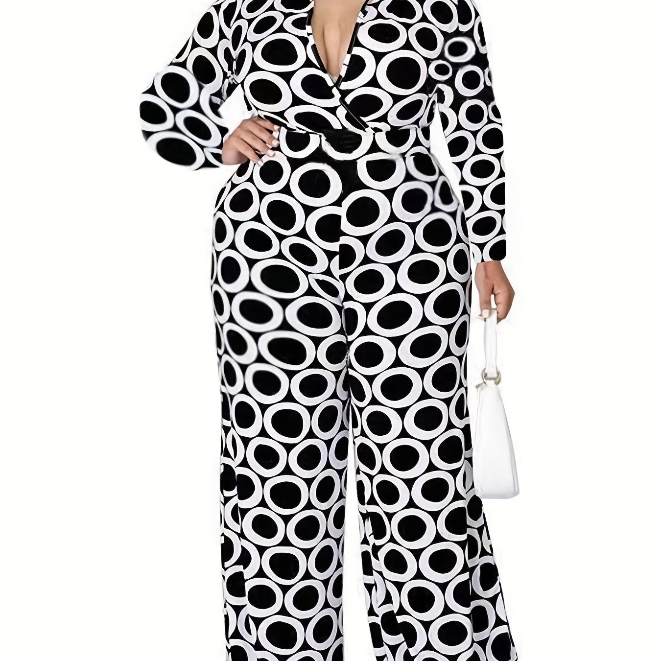  Geo Print Long Sleeve Wide Leg Jumpsuit