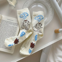 6 Pairs Cartoon Graffiti Mid Tube Socks for Women