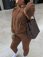  Teddy Fleece Hooded Sweatshirt & Joggers Set