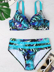 Leaf Print V Neck 2 Piece Bikini Swimsuit Push Up High Waist