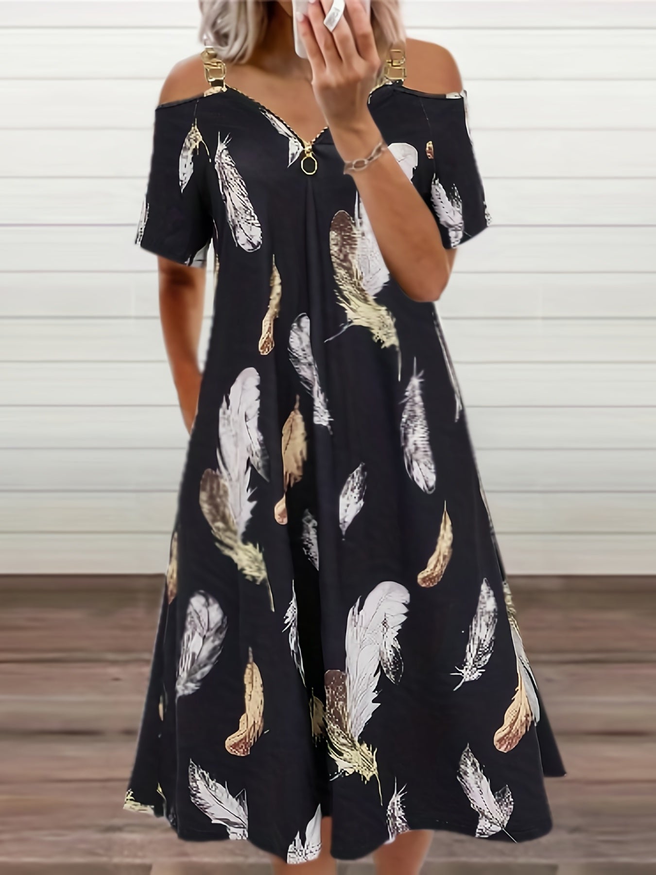 Feather Print Cold Shoulder Dress