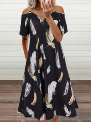 Feather Print Cold Shoulder Dress