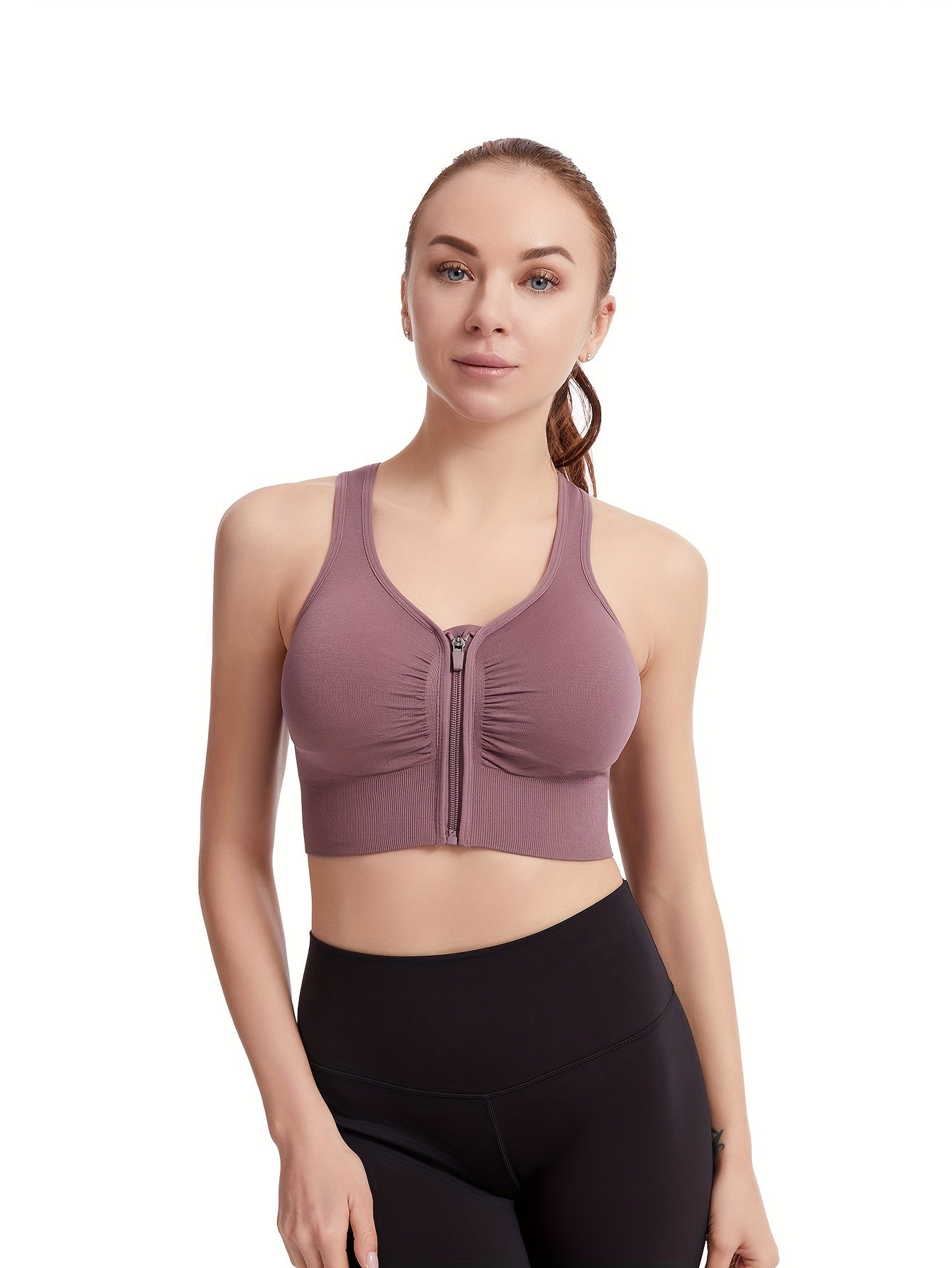  Women's Zipper Front Sports Bra Racer Back Fitness Bra