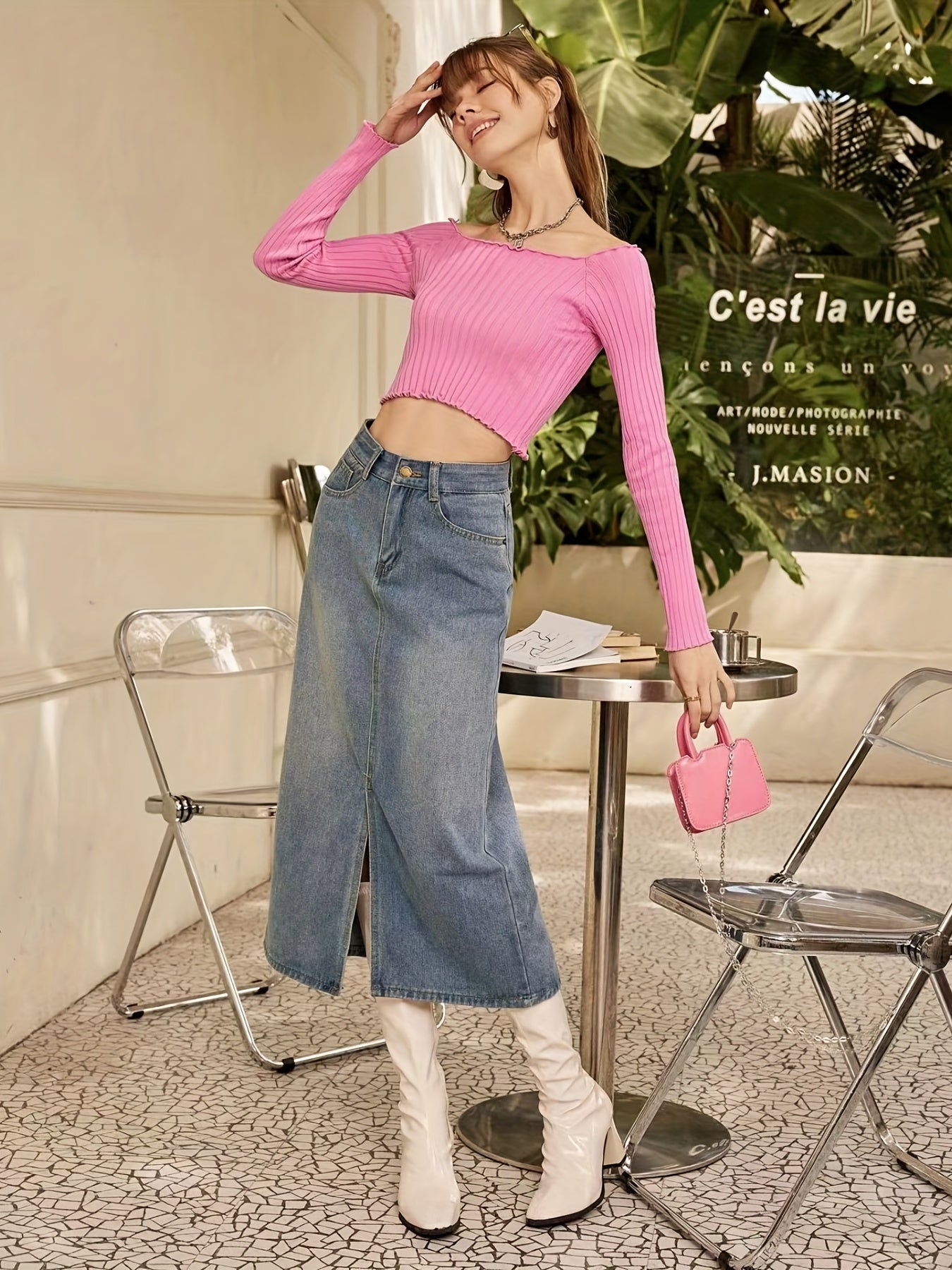 Front Slit Mid High Waist Denim Skirt Slash Pockets